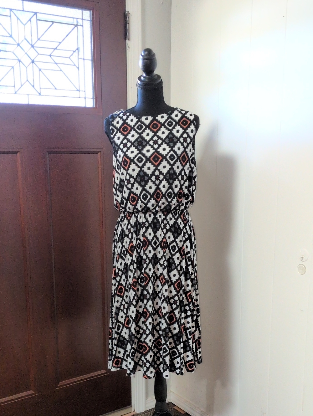 "LOFT" Geometric Print Midi Dress in Black & White with Rust Accents Size M